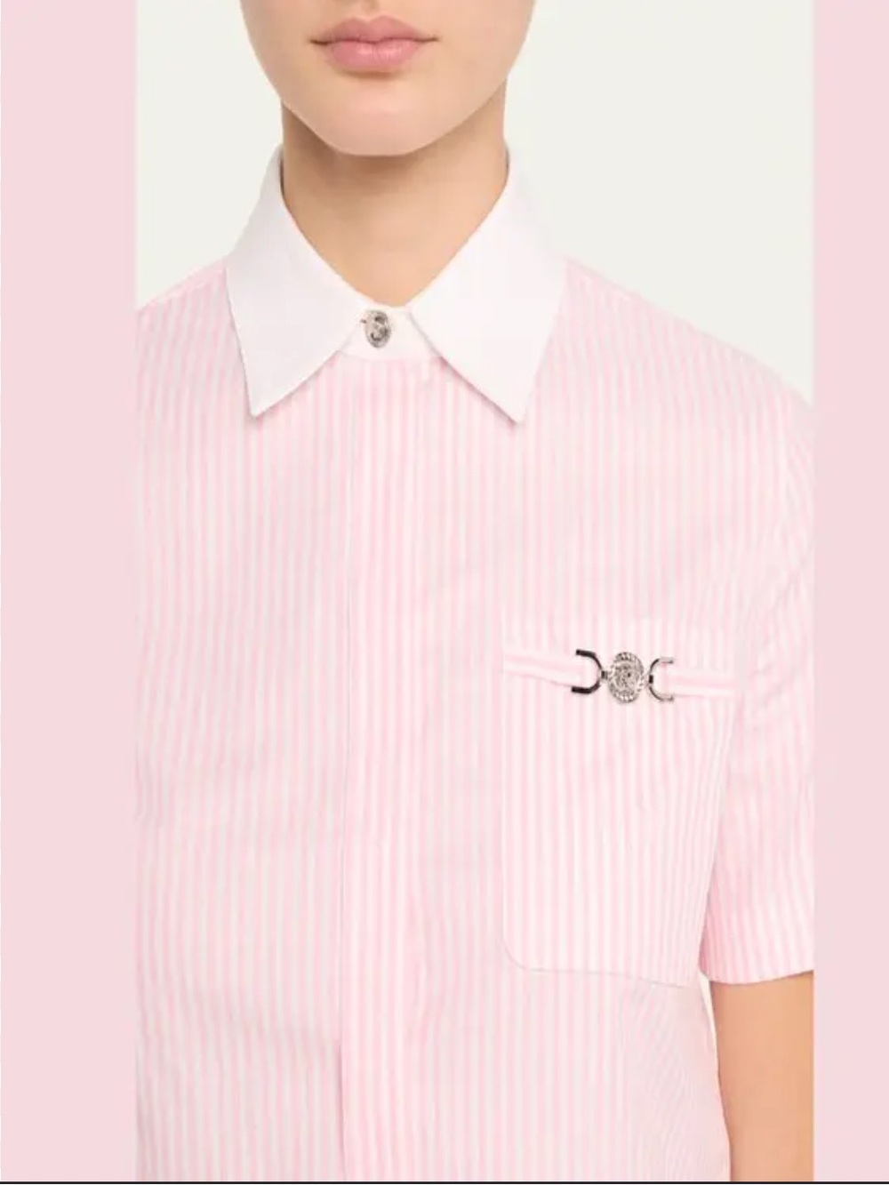 Versace Pastel Pink Striped Button-Down Shirt with White Collar